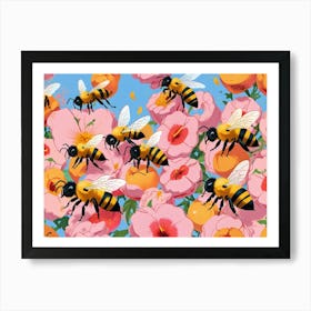 Bees On Peach Blossoms Art Print