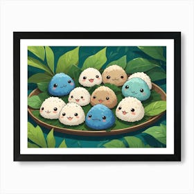 Cute Rice Balls On Wooden Plate With Green Leaves Art Print