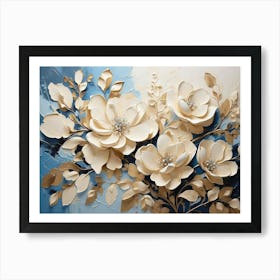 White Flowers On Blue Background Art Print