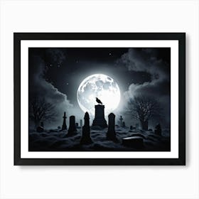 Full Moon Illuminating A Night Sky Clouded By Whispers Of Fog Gravestones Silhouetted Against The E (5) Art Print