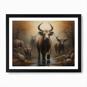 Bulls In The Water Art Print
