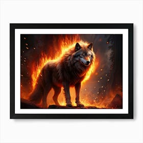 Majestic Wolf Stands At The Core Glowing Embers Dance Around It As Fiery And Electric Sparks Cascad Art Print