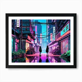 Two People Walking In A Neon City Art Print