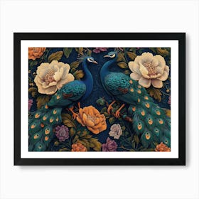 Peacocks And Flowers Art Print