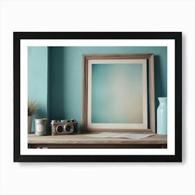 A Wooden Frame With A Blurred Background Image, Set On A Wooden Table With A Camera, A Vase, And Some Plants Art Print