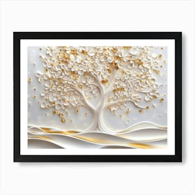 3d Art White And Gold Tree Life, 3d Art Gold Tree And White Circles Art Print