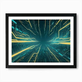 Abstract Digital Artwork Of A Tunnel With Glowing Yellow And Teal Lines Representing A Network Or Grid Art Print