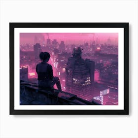 Woman Thinking While Watching the City Below Cyberpunk Aesthetic Art Print