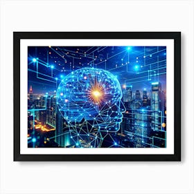 Digital Illustration Of A Human Brain With Circuit Board Patterns, Superimposed On A Nighttime Cityscape 1 Art Print