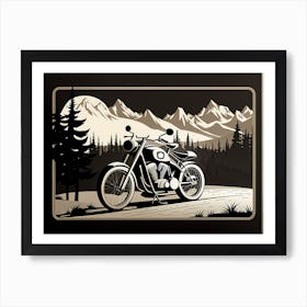 Motorcycle In The Mountains, vintage bike, classic bike, vector art, Art Print