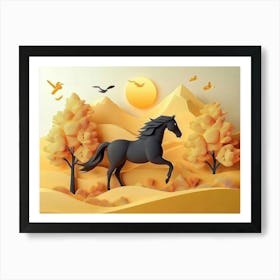 3d Horse And Golden Trees With Colored Mountains 1 Art Print