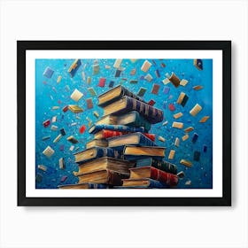 A Captivating Art Piece Featuring a Towering Stack of Books with Flying Letters Art Print