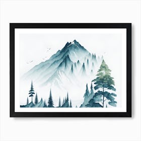 Mountain And Forest In Minimalist Watercolor Horizontal Composition 55 Art Print