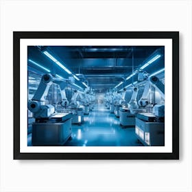 Ai Enhanced Factory Interior Illuminated By Soft Blue Light Robotic Arms Intricately Assembling Com (4) Art Print