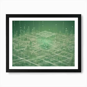 Abstract Digital Representation Of A Geometric Cube In A Green Network Of Lines And Dots Art Print