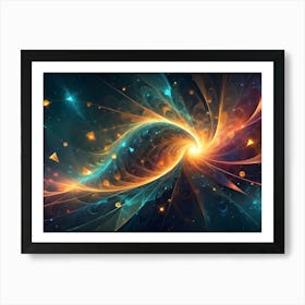 Abstract Fractal Design With A Swirling Vortex Of Orange And Teal Light Against A Dark Background Art Print