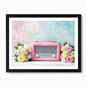 Vintage Pink And Grey Portable Radio Surrounded By Flowers Soft Background Embracing Pastel Pink B Art Print