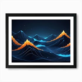 An Abstract Digital Art Piece Of A Landscape With Geometric, Wireframe Like Mountains In Shades Of Blue And Orange Against A Dark Background Art Print