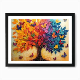 Colorful Tree with Vivid Leaves and Butterflies Painted in Beautiful 3d Abstract Style Perfect Artworks, Art Print