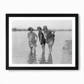 Three Girls In Wading in Water Vintage Black and White Photo Art Print