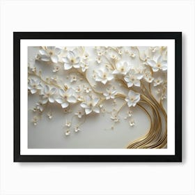 Background Of A Flowery Tree In 3d With White Flowers And Golden Stems 1 Art Print