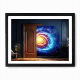 Wooden Door Ajar Revealing The Swirling Arms Of A Vast Spiral Galaxy Intricate Patterns Of Yellow Art Print