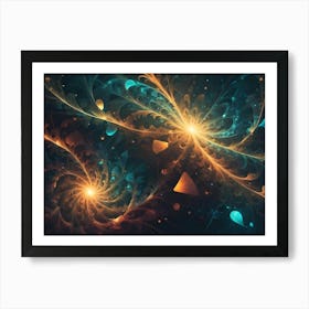 Abstract Fractal Art Resembling Glowing Flowers Or Nebulae In Blue, Orange, And Teal Against A Dark Background Art Print