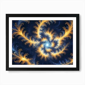 Abstract Image Featuring Intricate Swirling Patterns In Shades Of Blue, Gold, And White, Reminiscent Of Frost Or Delicate Foliage Art Print