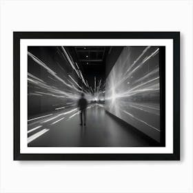 Abstract Digital Image Of A Person Walking Towards A Large Screen Displaying A White Explosion Effect In A Dark Corridor With Lights Art Print