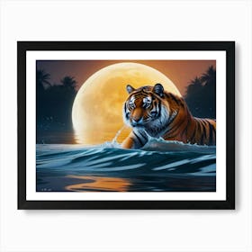 Colorful Minimal Art of Bengal Tiger Cross a River at Full Moon Art Print