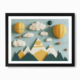 Hand Drawn Childish Art With Mountains, Balloons And Clouds 2 Art Print