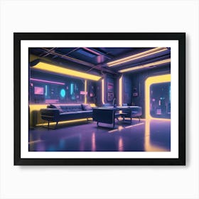 3d Rendering Of A Futuristic Room Interior With Neon Lights And A View Of A Cyberpunk Cityscape Art Print