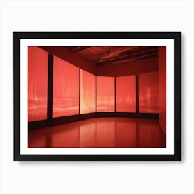 Abstract Digital Image Of A Room With Five Large Screens Displaying A Fiery, Red Landscape With Vertical Beams Of Light, Creating A Dramatic And Futuristic Atmosphere Art Print