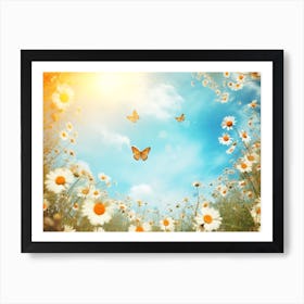 Daisy Field With Butterflies Art Print