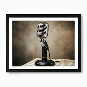 Vintage Microphone Classic Gray Design Timeless Aesthetic Perched On A Delicate Black Stand With Art Print