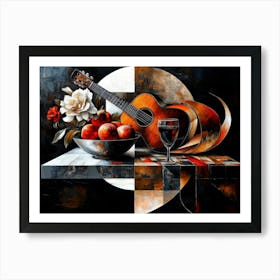 Geometric Harmony: Analytical Cubist Still Life of Guitar and Fruit Bowl Art Print