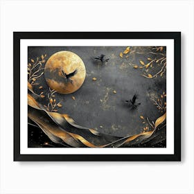 Elegant 3d Design Featuring Dark Gray Background with Golden and Black Feathers with Moon and Birds Art Print