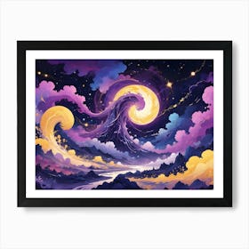 Whimsical Illustration Of Swirling Golden Waves And A Full Moon In A Starry Sky Above A Serene Landscape Art Print