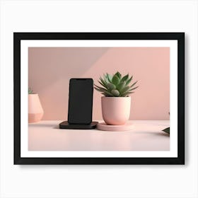 A Minimalist Image Of A Smartphone Placed On A Black Wireless Charging Pad, Surrounded By Two Potted Succulents Art Print