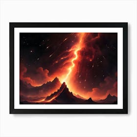 A Dramatic Fantasy Landscape With A Fiery Eruption Emerging From A Mountain, Surrounded By Other Peaks And A Starry Night Sky Art Print