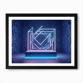 3d Rendering Of A Neon Lit Geometric Space With A Cube On A Platform Art Print