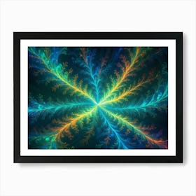 An Abstract Fractal Image Featuring Swirling, Glowing Lines And Shapes In Shades Of Blue, Green, And Orange On A Dark Background Art Print