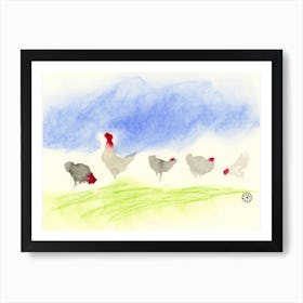 Rooster And Hens watercolor painting farm farmcore birds chicken minimal blue green kitchen Art Print