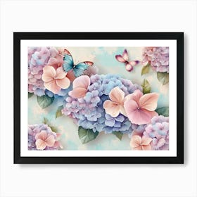 Watercolor Painting with Hydrangea Flowers Bouquets, Butterflies Art Print