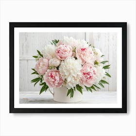 A Bouquet Of Pastel Pink And Pristine White Peonies With Hints Of Red Arranged Densely In A Natural (4) Art Print