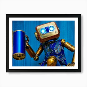 Quirky Blue Eyed Robot In Disguise Using Inline Skates Sweaty Gold Aluminum Can In Hand Cobalt B Art Print