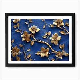 Gold Leaves On A Blue Background 1 Affiche