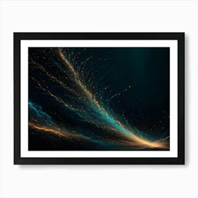 A Swirling, Abstract Composition Of Teal And Golden Lines And Particles On A Dark Background, Suggesting Movement And Energy In A Cosmic Or Technological Space Art Print