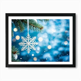 Closeup Of A Single Shiny Snowflake Resting On A Fir Tree Branch White And Blue Hues Dominating The (3) 2 Art Print