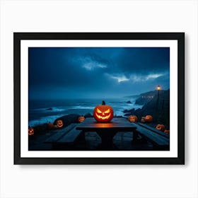 Coastline Celebration Captured At Dusk A Single Jack O Lantern With A Carved Face Glowing Eerily On (5) Art Print